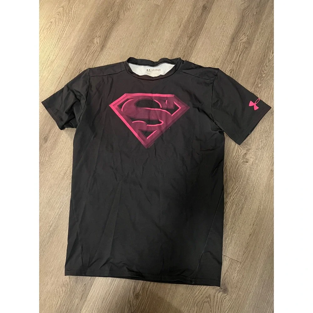Under Armour HeatGear Superman Compression Shirt Girls 2XL Black Pink Tee